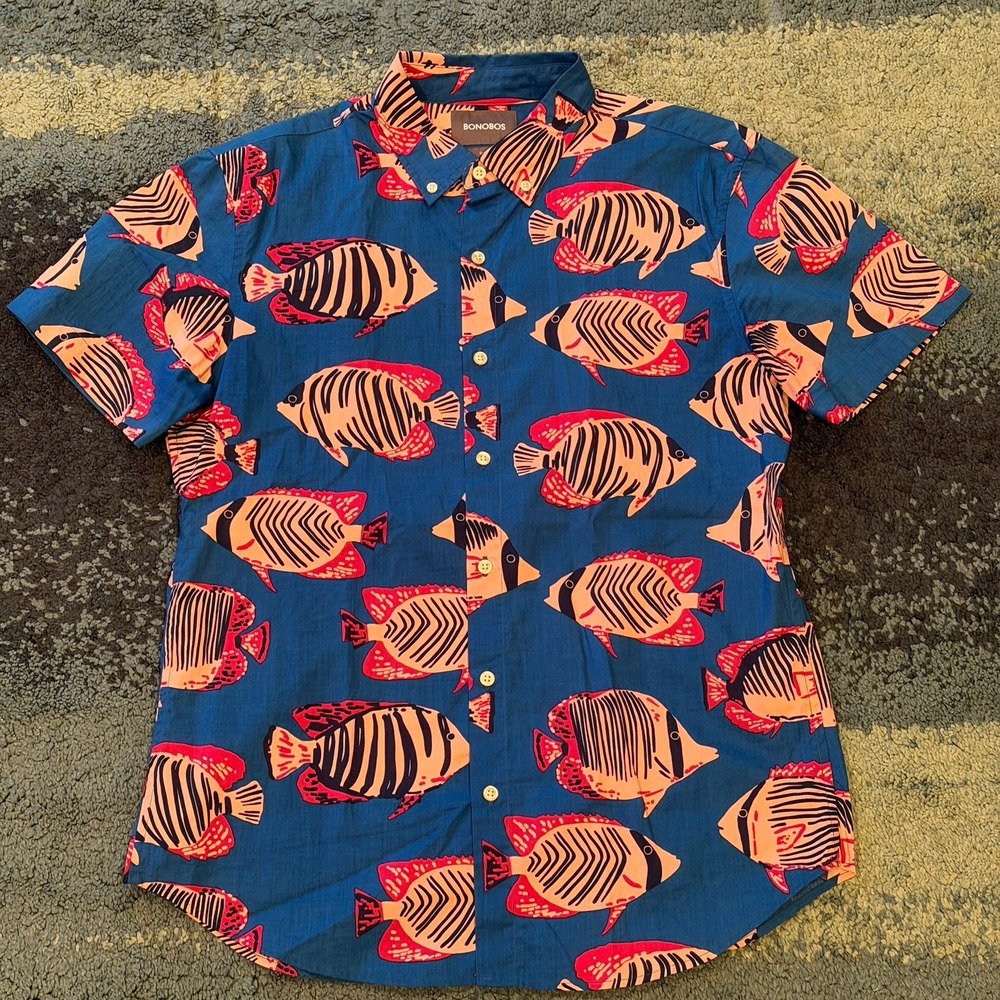 Bonobos Slim Fit Hawaiian Short Sleeve Button Up Shirt Blue Pink Fish Men's M